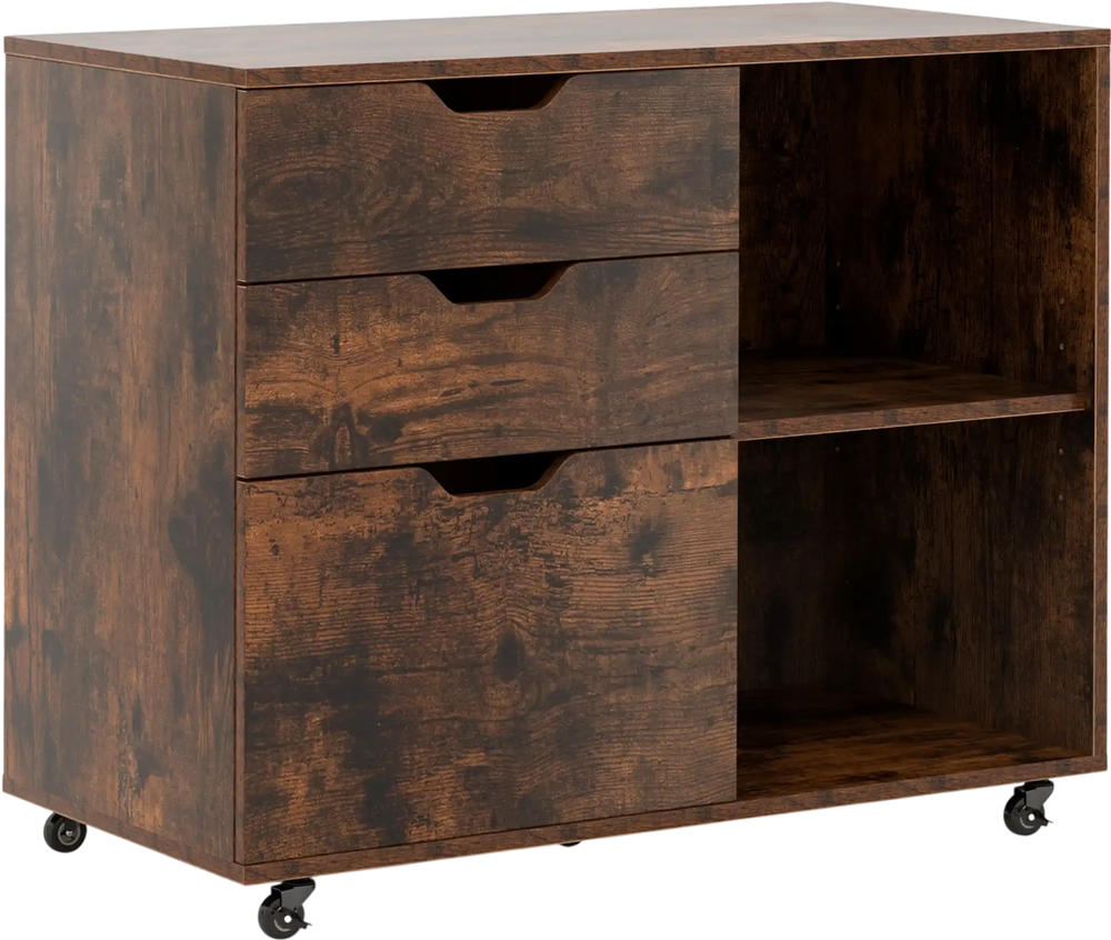 3-drawer file cabinet in rustic brown with adjustable shelf, wheels for easy movement, and lockable design for.