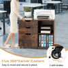 3-drawer file cabinet in rustic brown with adjustable shelf and 5 swivel casters for easy mobility in home office.