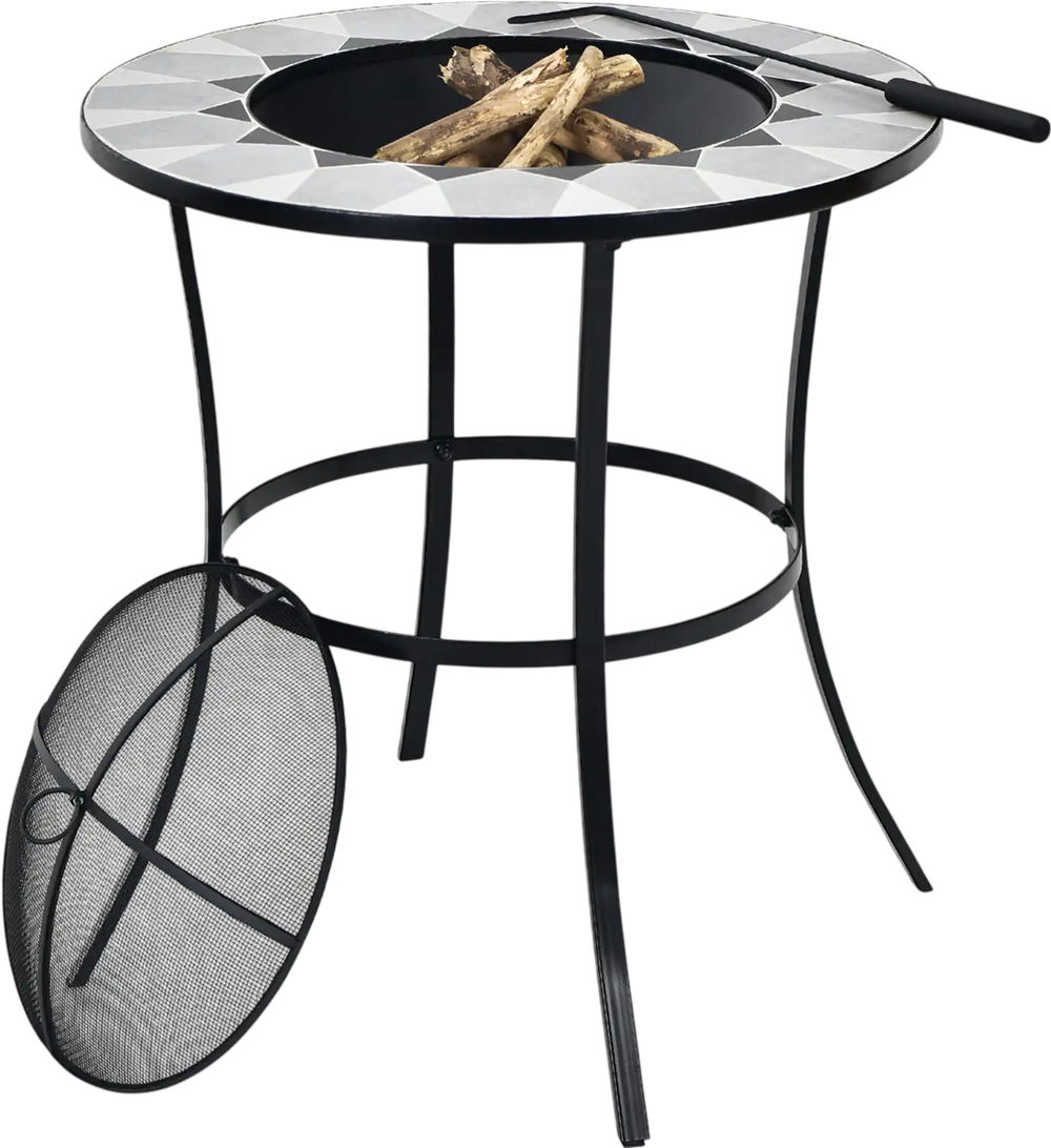 23.5 Inches Round Fire Pit Table with Mesh Cover and Fire Poker