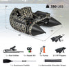 Inflatable fishing float tube in camouflage with adjustable backrest, rod holder, and removable shoulder straps for.