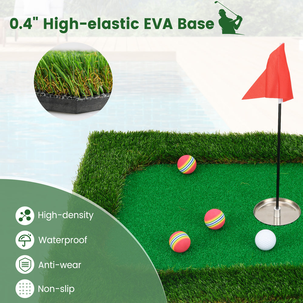 Floating golf green with high-elastic EVA base, includes 6 balls and flag, perfect for pool parties and backyard fun.