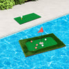 Floating golf green set on water with golf tee and balls, perfect for backyard practice and poolside entertainment.