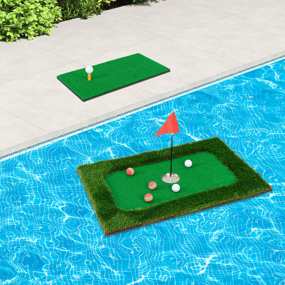 Floating golf green set on water with golf tee and balls, perfect for backyard practice and poolside entertainment.