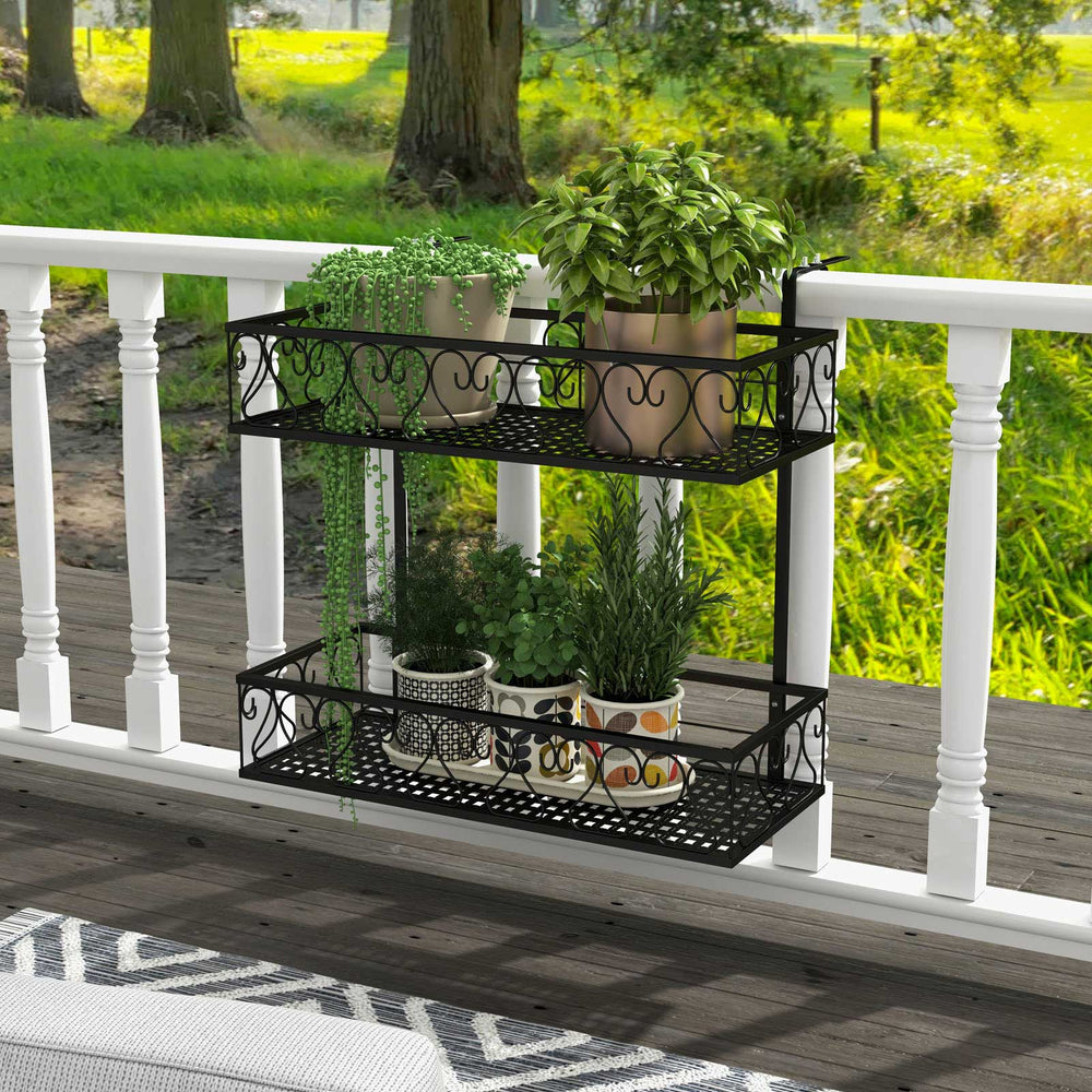 Two-tier flower pot holder with adjustable hooks, featuring elegant curved patterns, ideal for porch or patio use.