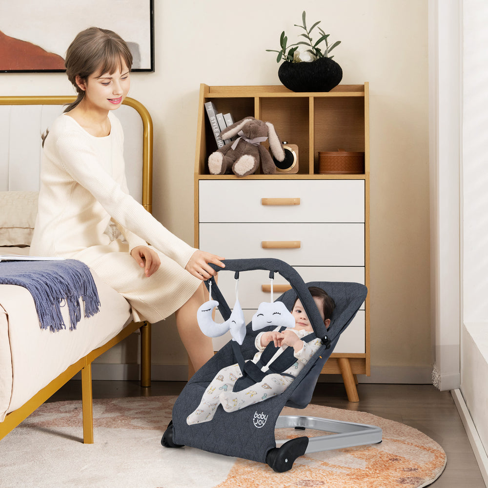 Foldable Baby Bouncer with Removable Fabric Cover and Toy Bar-Black - Gallery View 1 of 10