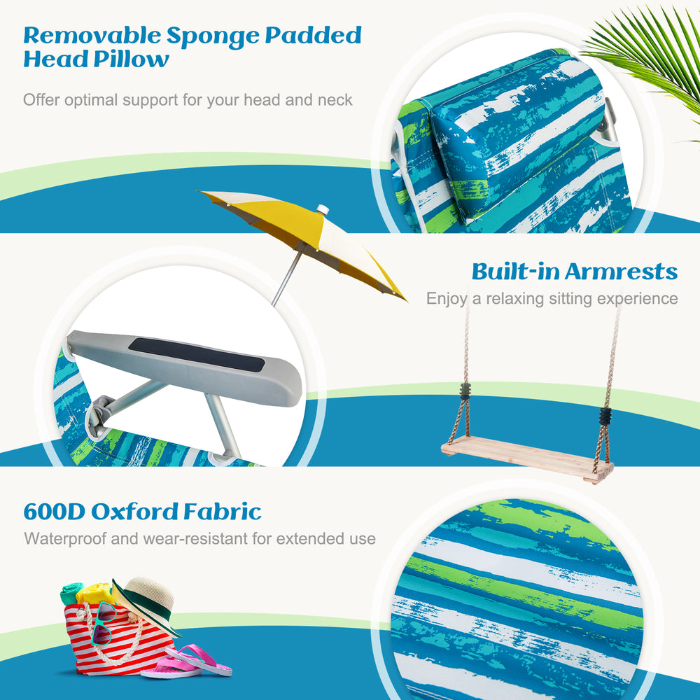 Foldable beach chair set of 2 in green with adjustable backrest, removable head pillow, and built-in armrests for.