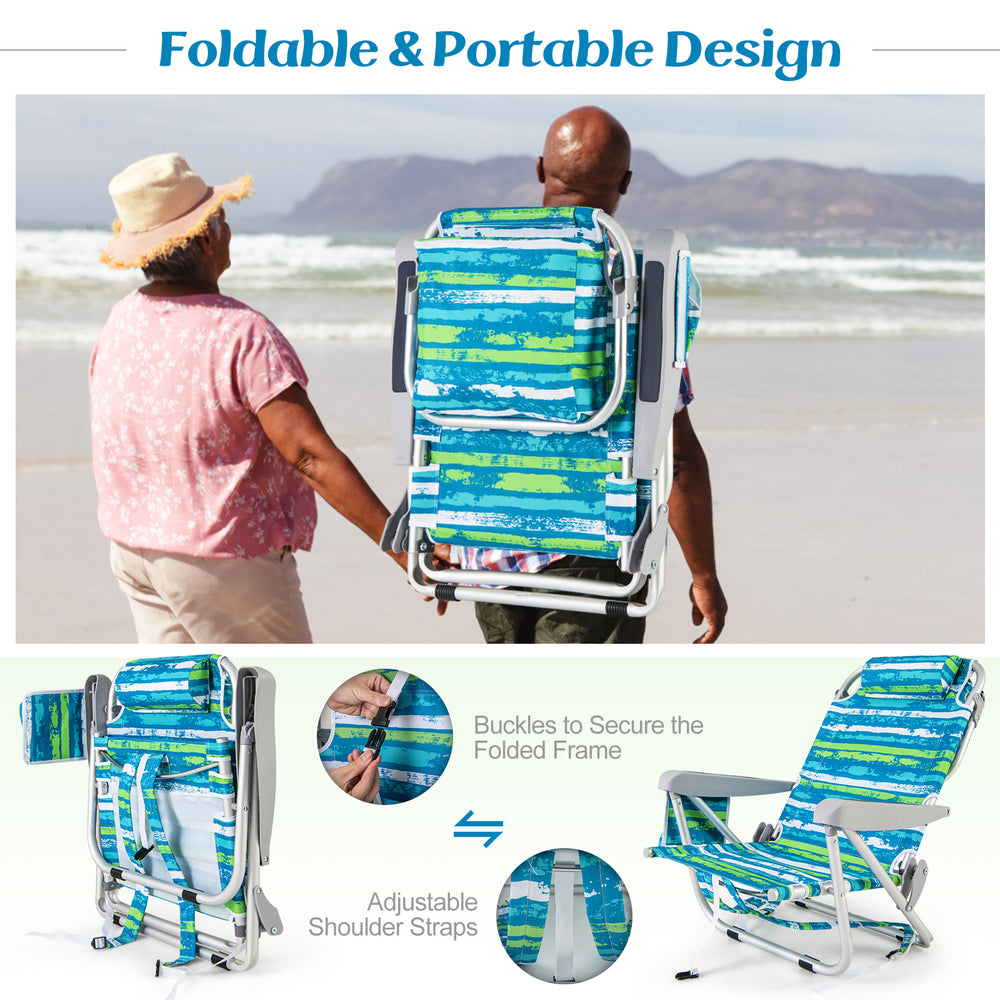 Foldable backpack beach chair set of 2 in green with adjustable backrest and storage pockets, perfect for outdoor.