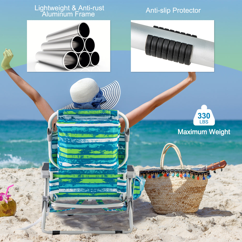 Single foldable backpack beach chair in green with a removable head pillow and anti-slip protector for added stability.