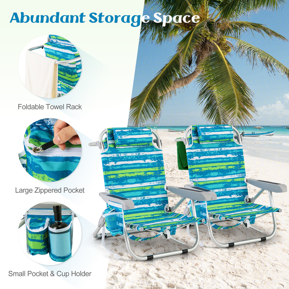 Foldable beach chairs set of 2 in green with storage pockets, cup holder, and adjustable backrest for outdoor.