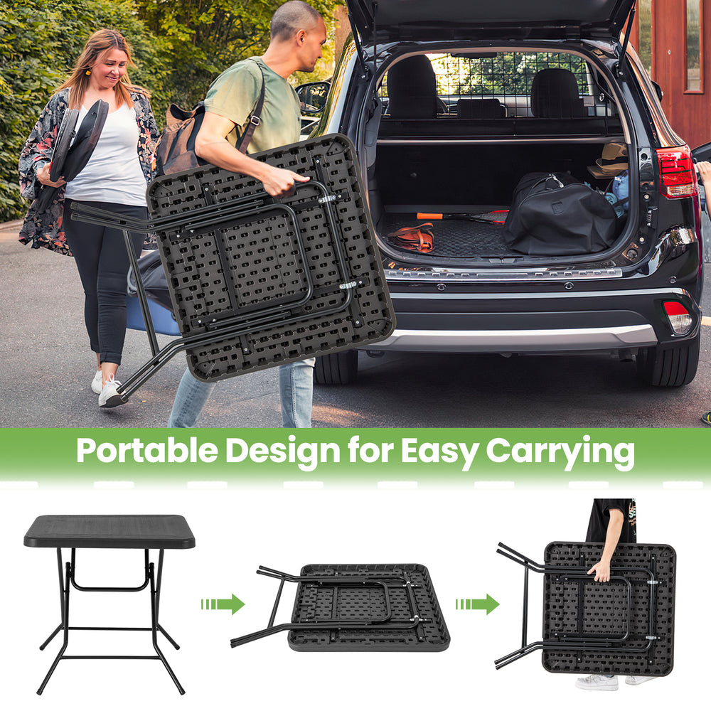 Foldable 2.6FT dining table with wood grain HDPE surface, portable design for easy transport and outdoor use.