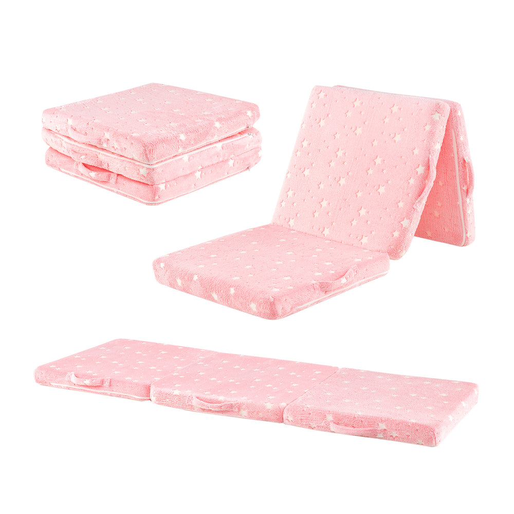 Foldable pink floor mattress for kids with washable flannel cover, tri-fold design, ideal for playroom or bedroom use.