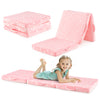 Foldable pink floor mattress for kids with washable flannel cover, ideal for sleeping, relaxing, or playing.