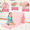 Pink foldable floor mattress for kids featuring a soft flannel cover, perfect for reading or relaxing anywhere in the.