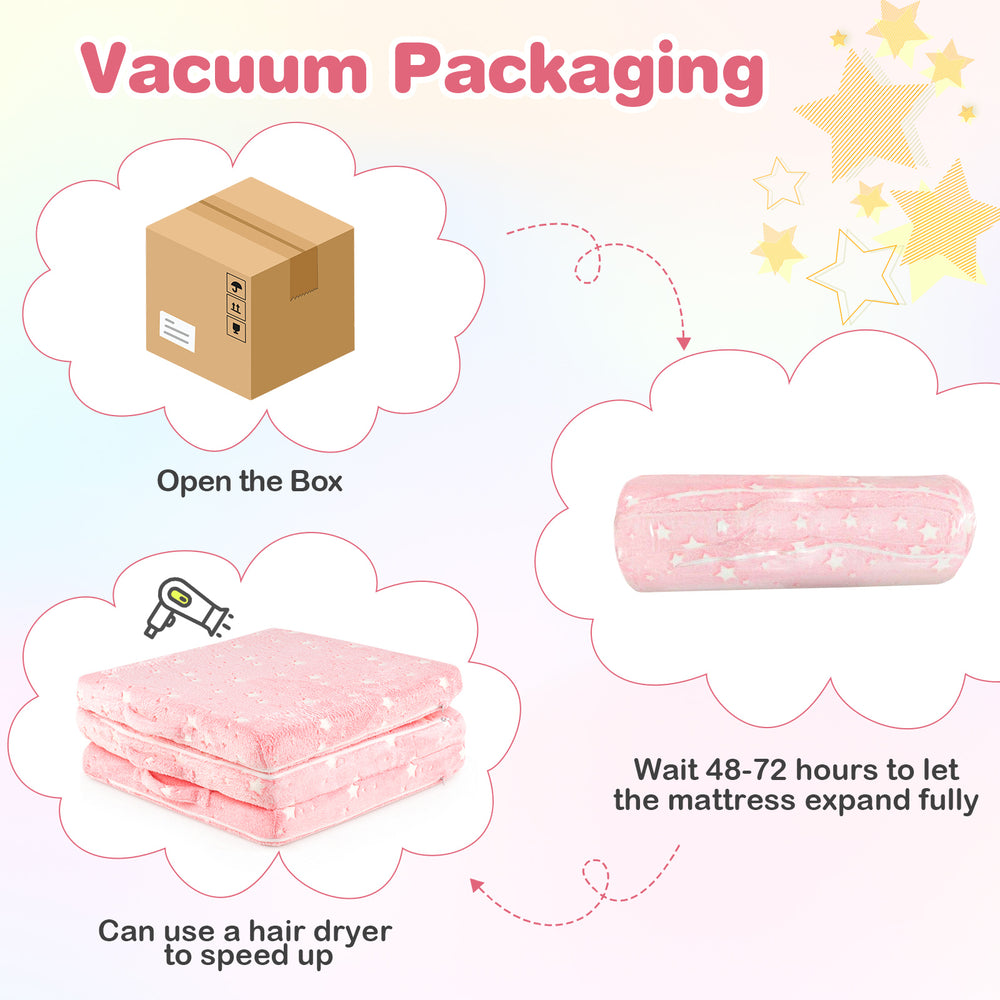 Detail of the pink foldable floor mattress for kids showing the soft flannel cover, perfect for comfortable playtime or.