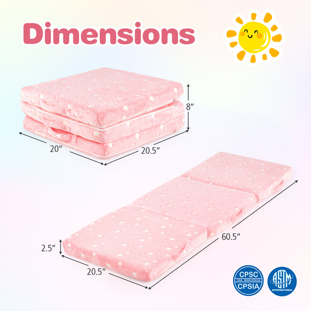 Tri-folding pink foldable floor mattress for kids with washable flannel cover, ideal for playroom or bedroom use.