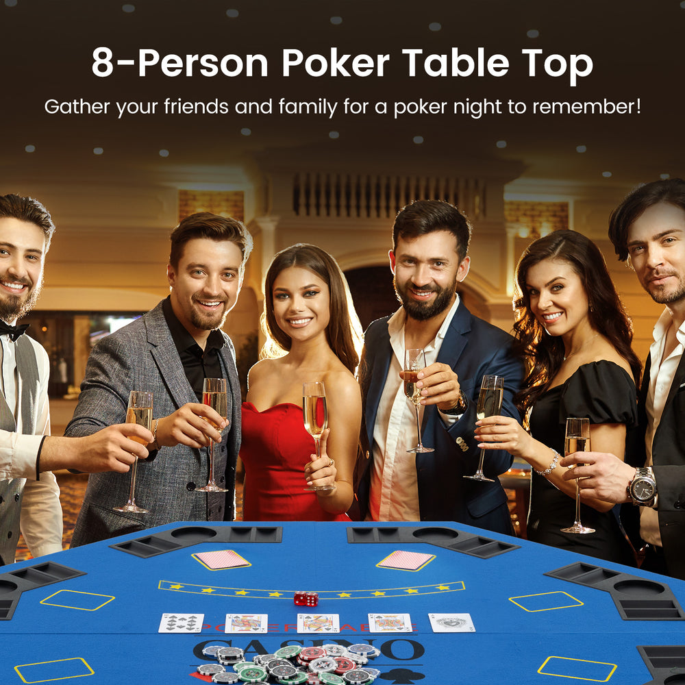 8-player foldable poker table top in blue with cup holders and chip trays, perfect for game nights and easy transport.