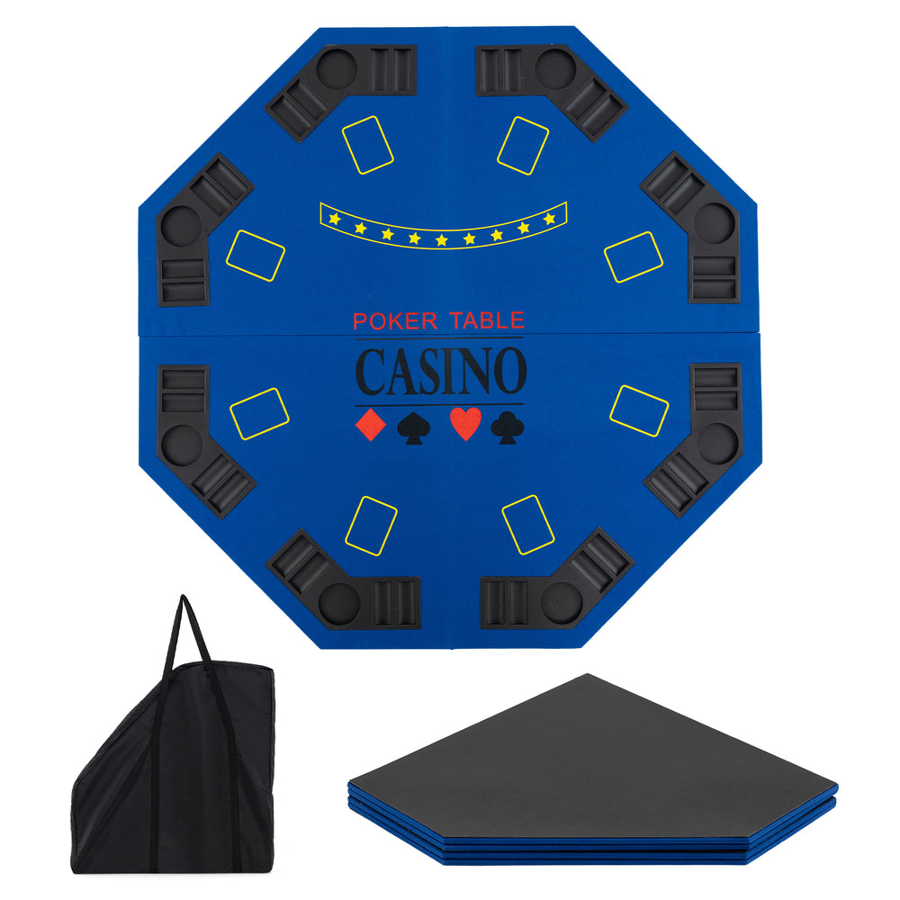 Foldable 48" blue poker table top for 8 players with cup holders and carrying bag, ideal for game rooms and parties.
