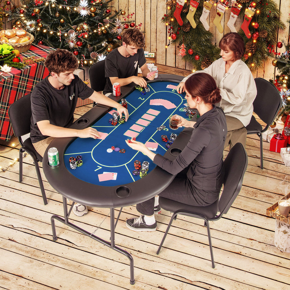 Foldable poker table with blue felt, 8 cup holders, and padded armrests, perfect for game nights and easy storage.