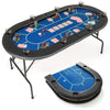 Foldable poker table with blue felt, 8 cup holders, and padded armrests for comfortable gameplay and easy storage.