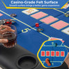 Foldable poker table with blue casino-grade felt surface, 8 cup holders, and padded armrests for comfortable gameplay.