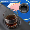 Foldable poker table featuring 8 cup holders, blue casino-grade felt, and padded armrests for comfortable gameplay.