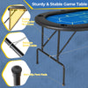 Foldable poker table with blue felt, 8 cup holders, and sturdy metal frame, ideal for game nights and easy storage.