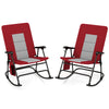 Foldable rocking chair set in red with padded seats, ergonomic design, and durable oxford fabric for outdoor comfort.