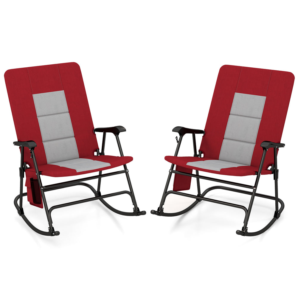 Foldable rocking chair set in red with padded seats, ergonomic design, and durable oxford fabric for outdoor comfort.