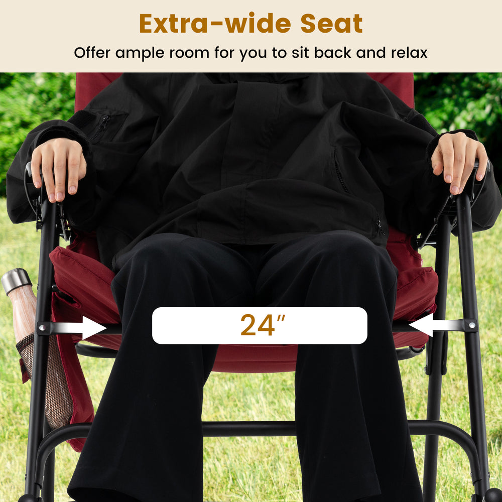 Extra-wide seat of the red foldable rocking chair, featuring a padded cushion and ergonomic design for comfort.