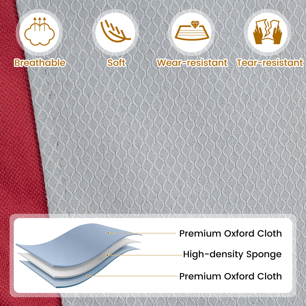 Close-up of the breathable red oxford fabric on the foldable rocking padded camping chair for comfort and durability.