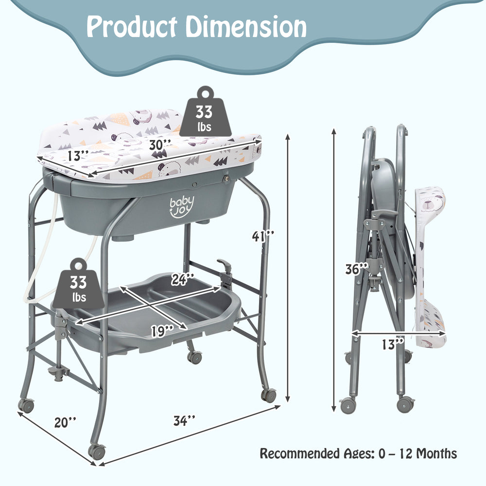 Portable baby changing table in gray with storage basket, adjustable heights, and foldable design for easy use and.