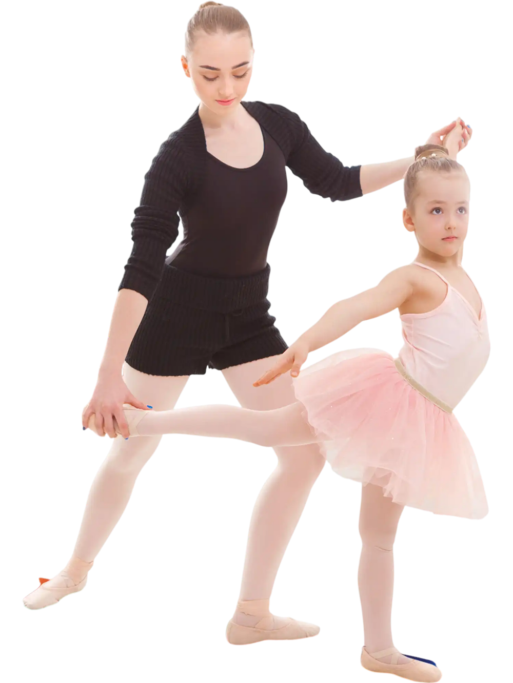 Two gymnasts practicing on a multicolor folding balance beam with a solid wood base, ideal for home training or clubs.