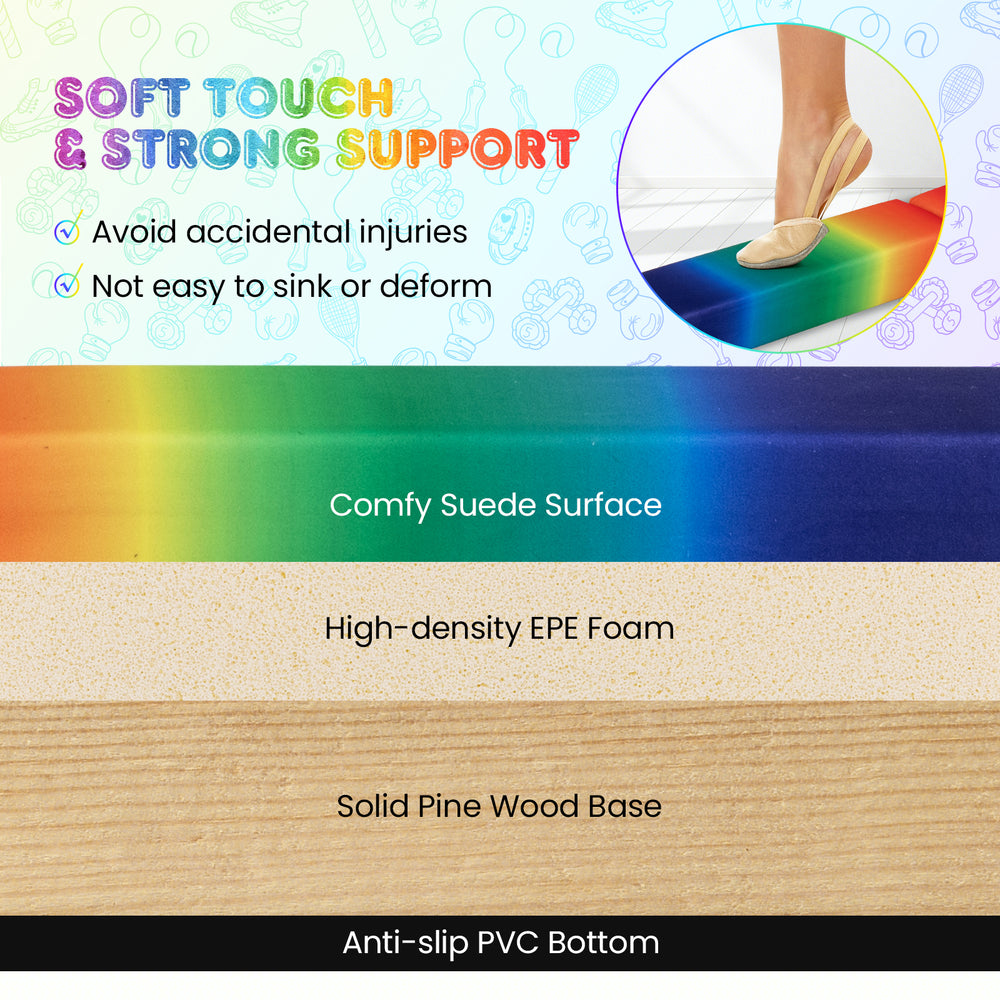 Folding balance beam with multicolor suede surface, solid wood base, and anti-slip bottom for secure training.