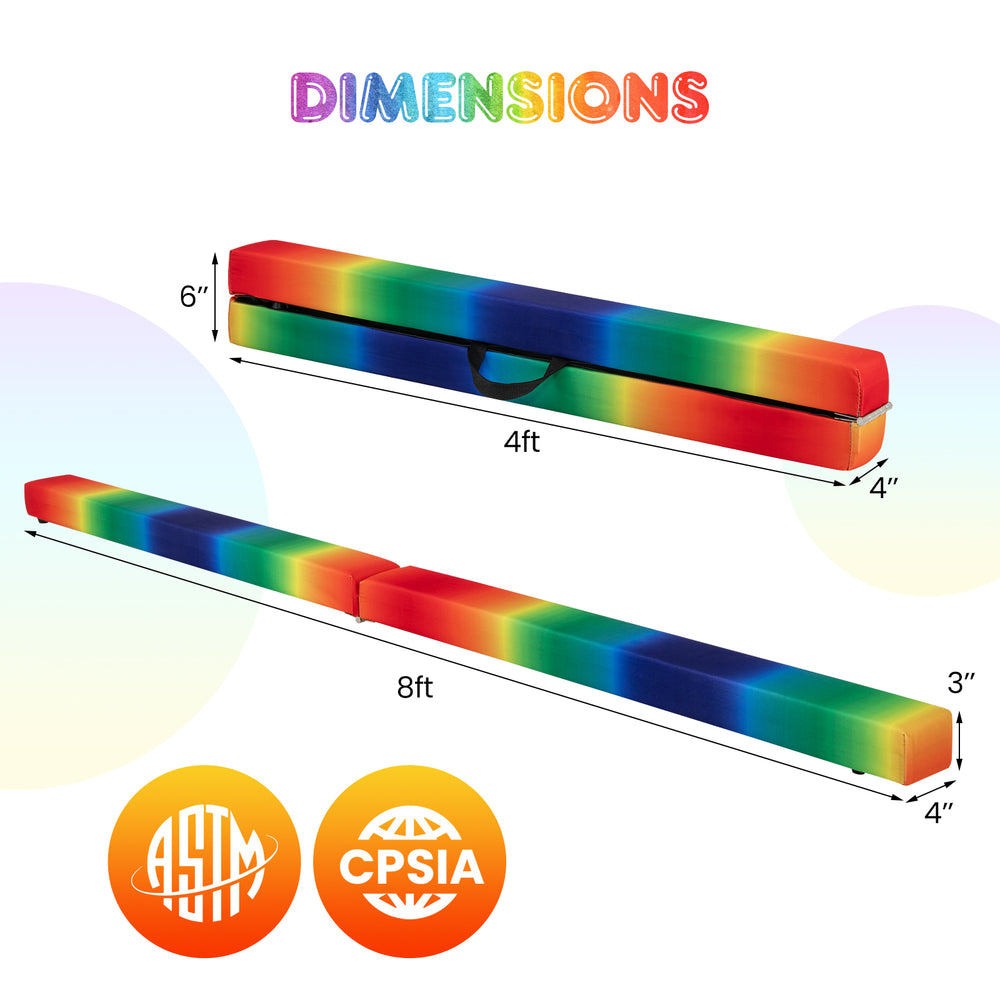 Folding balance beam in multicolor with solid wood base, 8ft long, ideal for home training and gymnastic practice.