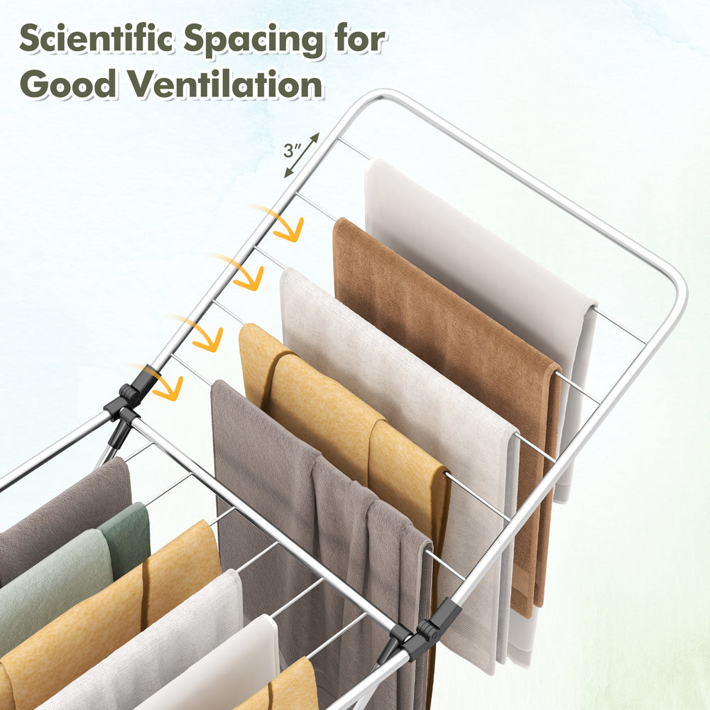 Folding clothes drying rack with adjustable wings, featuring scientific spacing for good ventilation, ideal for indoor.