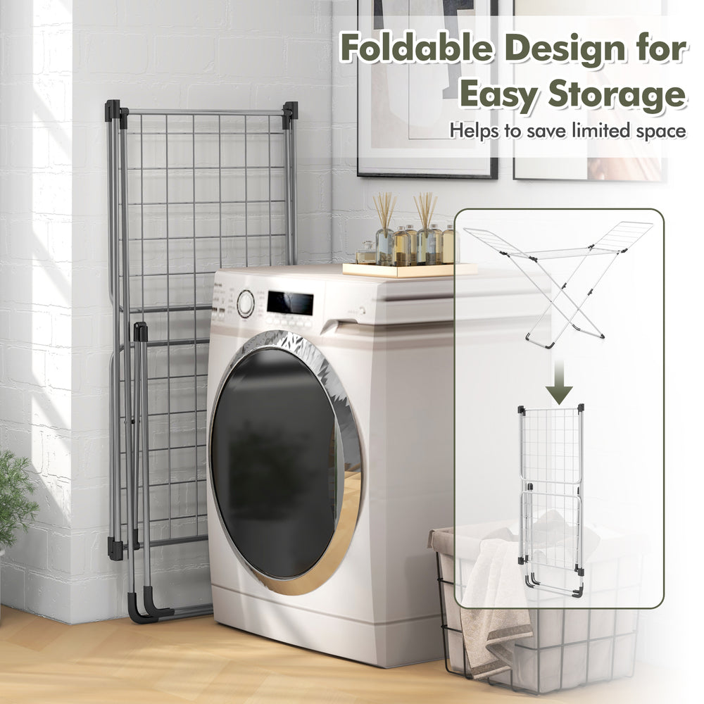 Folding clothes drying rack with adjustable wings, foldable design for easy storage, ideal for indoor and outdoor use.