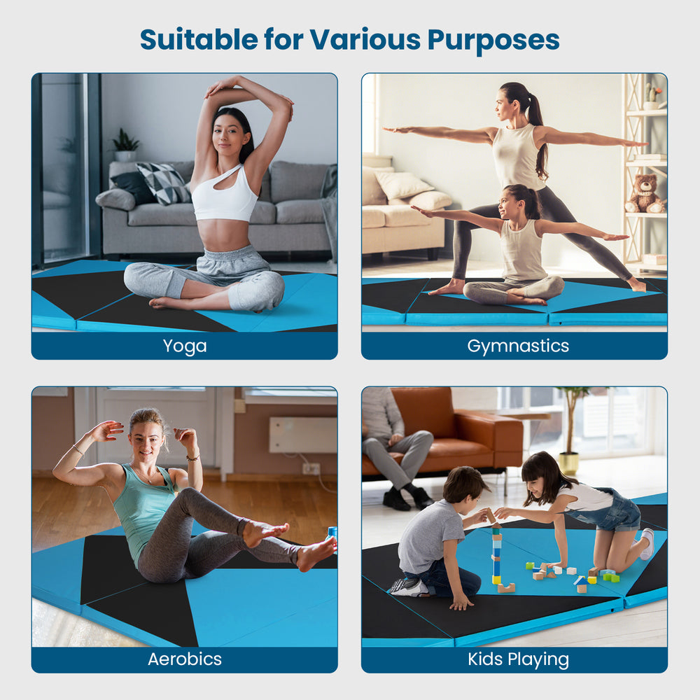 4-panel black and turquoise folding exercise gym mat, ideal for yoga, gymnastics, aerobics, and kids' play activities.
