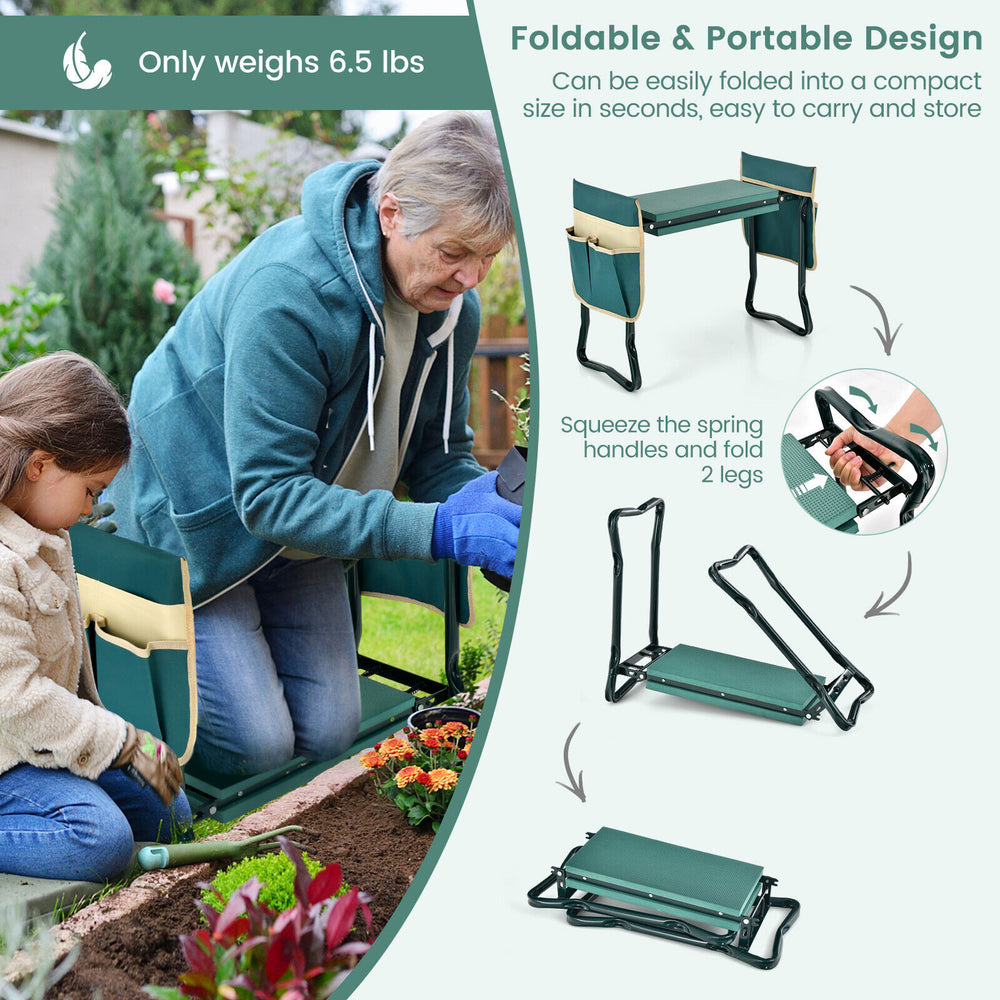 Folding garden kneeler and seat bench with soft EVA pad, durable steel frame, and detachable tool pouches for easy.