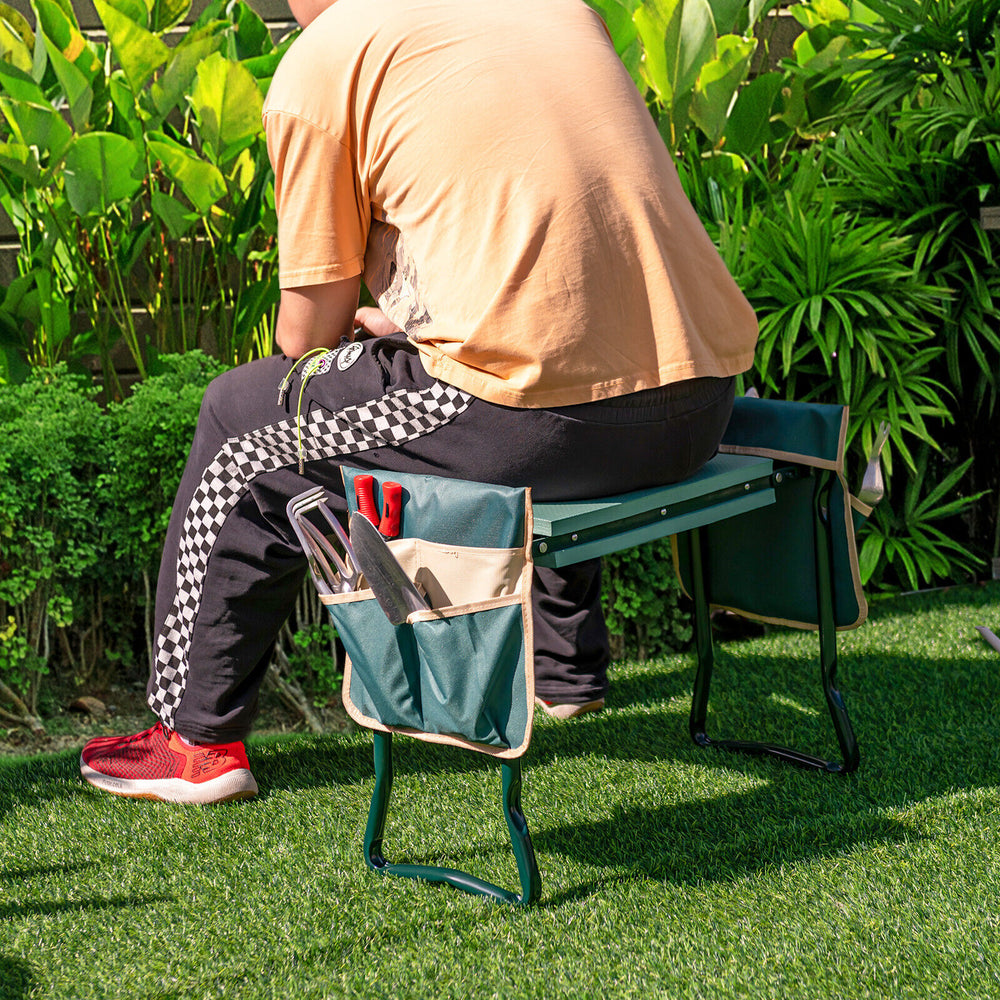 Folding garden kneeler and seat bench with tool pouches, soft EVA pad, and sturdy steel frame for gardening comfort.