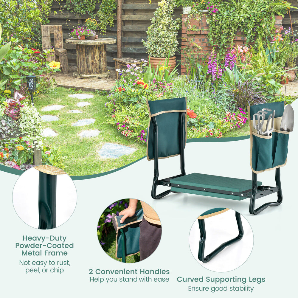 Folding garden kneeler and seat bench with soft EVA pad, heavy-duty steel frame, and detachable tool pouches for.
