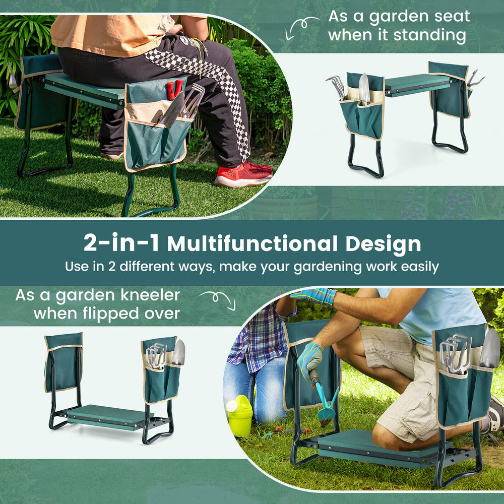 Folding garden kneeler and seat bench with tool pouches, featuring a soft EVA pad for comfort and a durable steel frame.