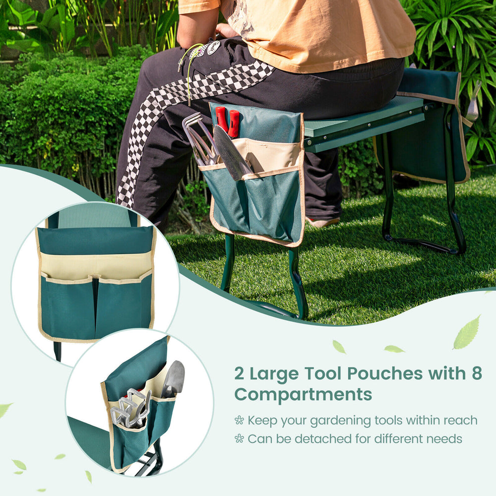 Folding garden kneeler and seat bench with detachable tool pouches, ideal for gardening tasks and comfort.