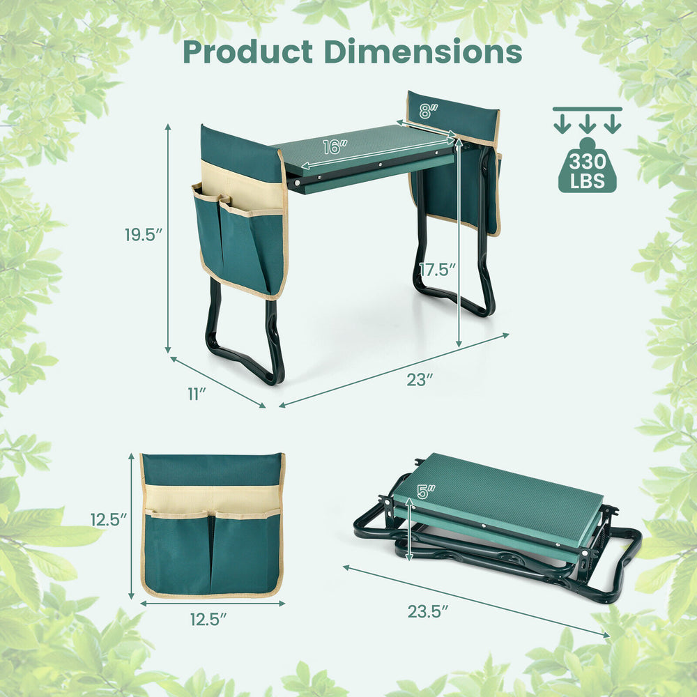 Folding garden kneeler and seat bench with soft EVA pad, heavy-duty steel frame, and detachable tool pouches for easy.