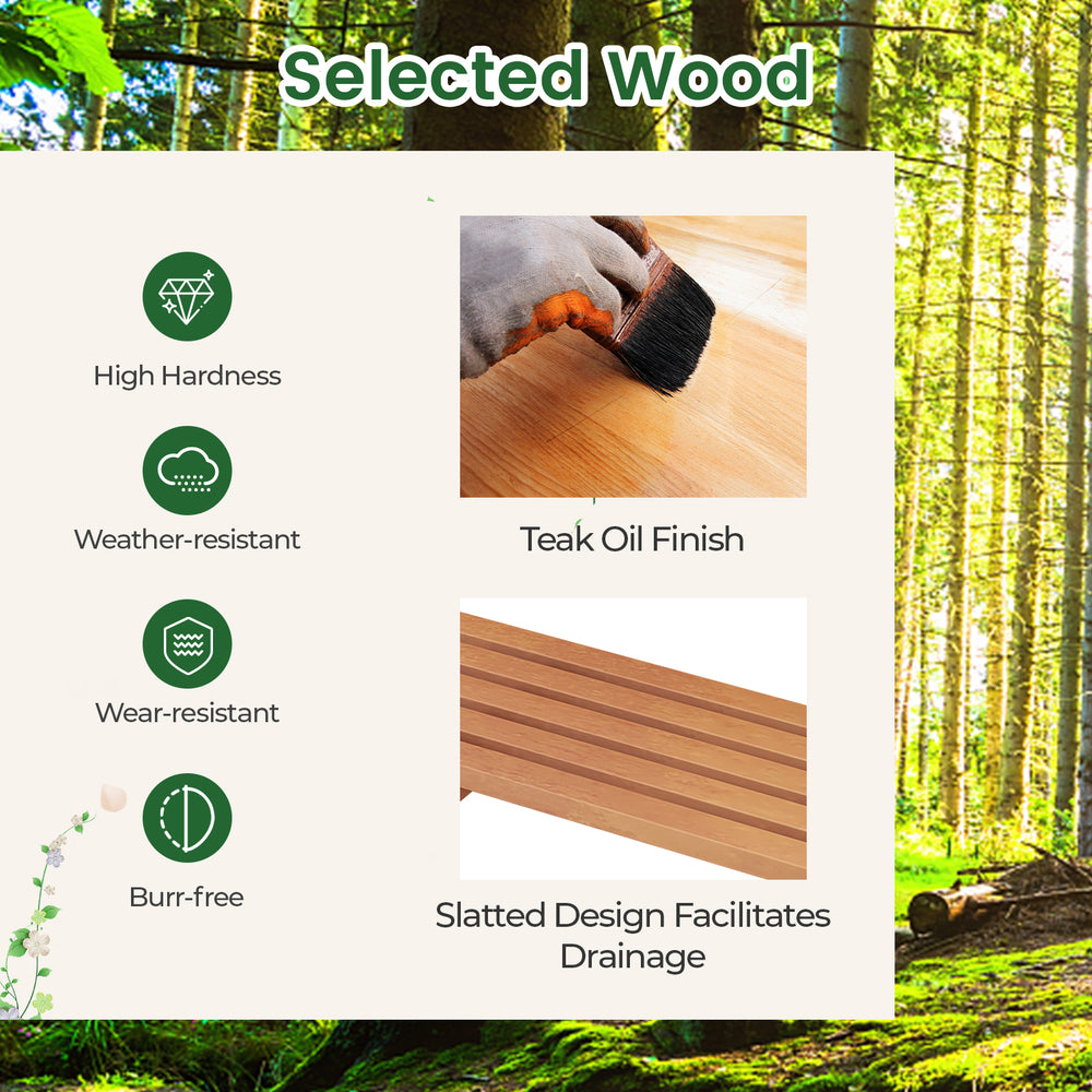 Folding garden potting bench with teak oil finish, featuring slatted design for drainage and 2-tier storage shelves.