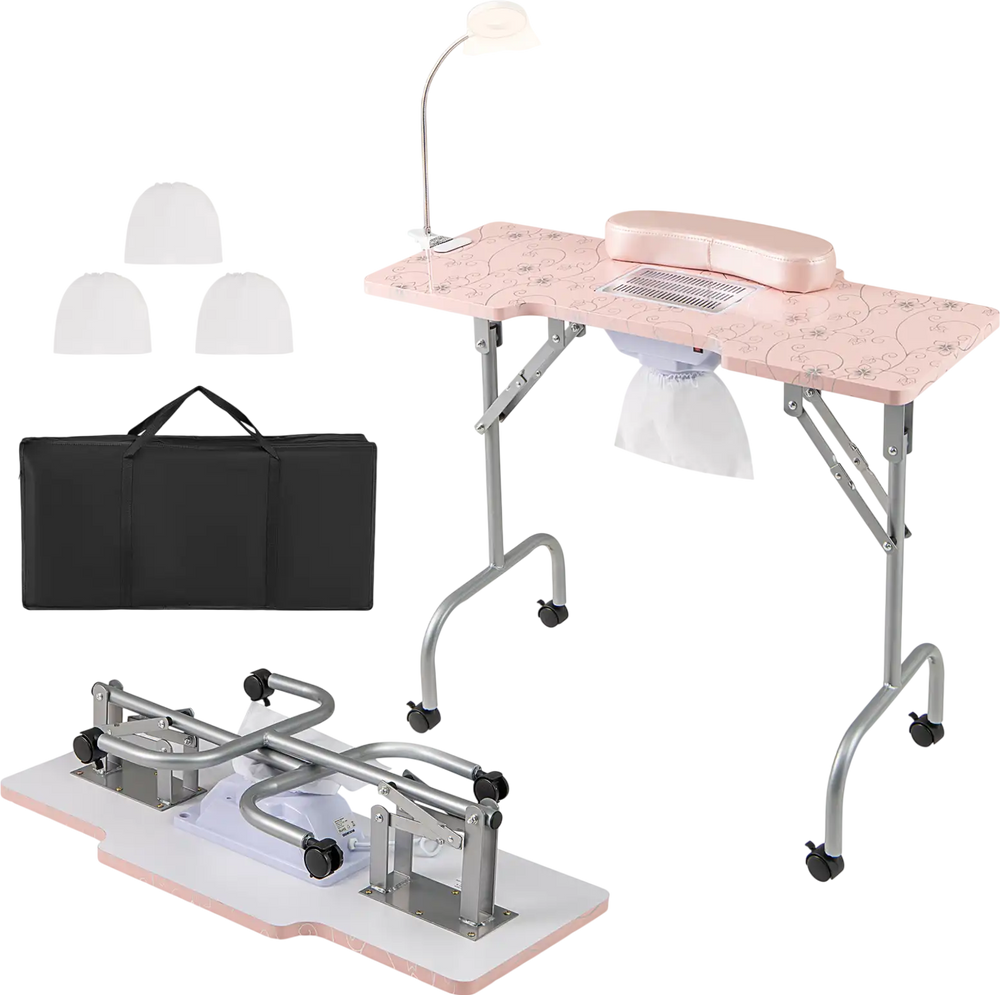 Folding manicure nail table in pink with electric dust collector, adjustable LED lamp, and removable wrist pad for.