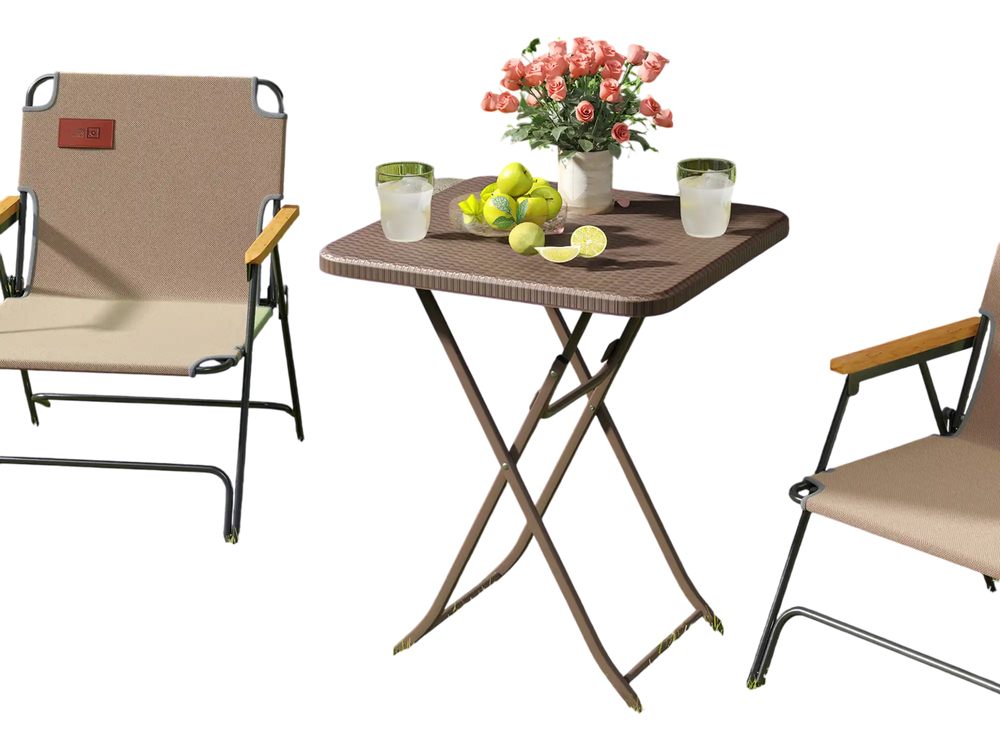 Folding picnic table with rattan grain HDPE tabletop, portable design, perfect for outdoor gatherings and picnics.