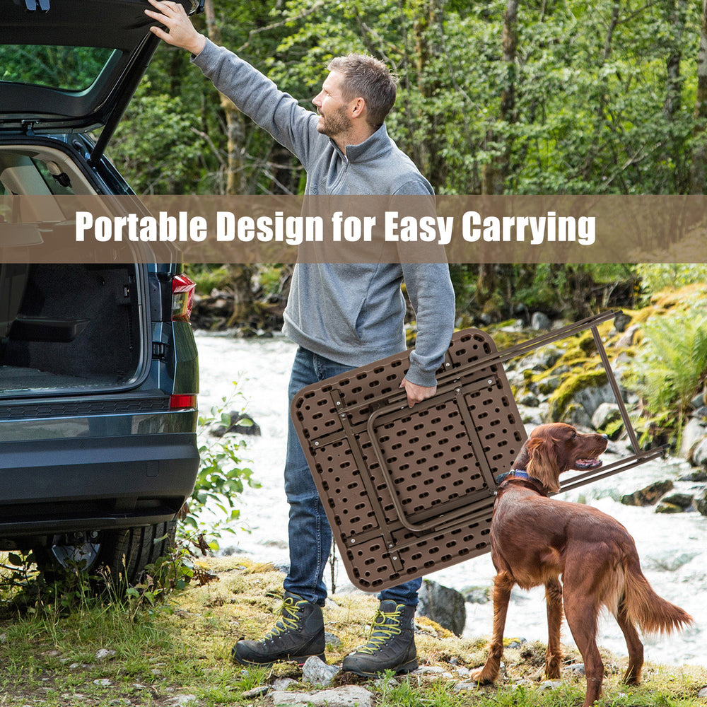 Folding picnic table with rattan grain HDPE tabletop, portable design for easy carrying, ideal for outdoor use.