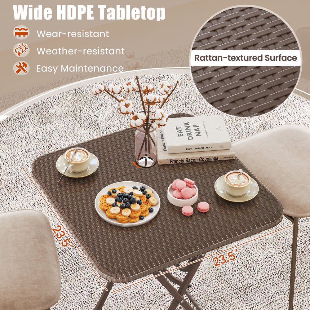 Folding picnic table with rattan-textured HDPE tabletop, 23.5" x 23.5", ideal for outdoor picnics and gatherings.