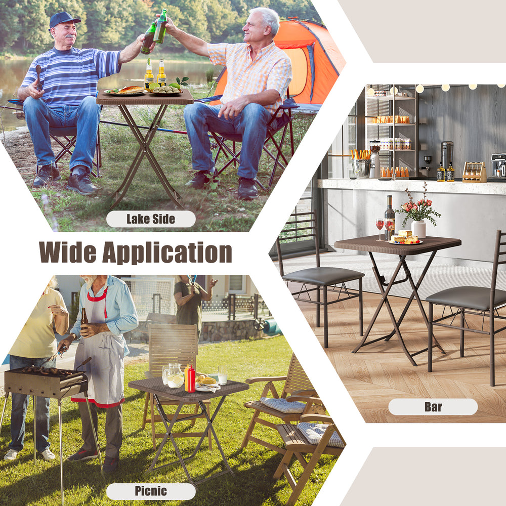 Folding picnic table with rattan grain HDPE tabletop, perfect for outdoor use at picnics, lakeside, or bars.