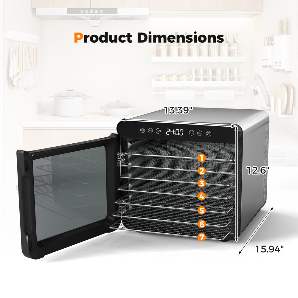 7 stainless steel trays food dryer with digital display, showing dimensions and open door for easy access and viewing.